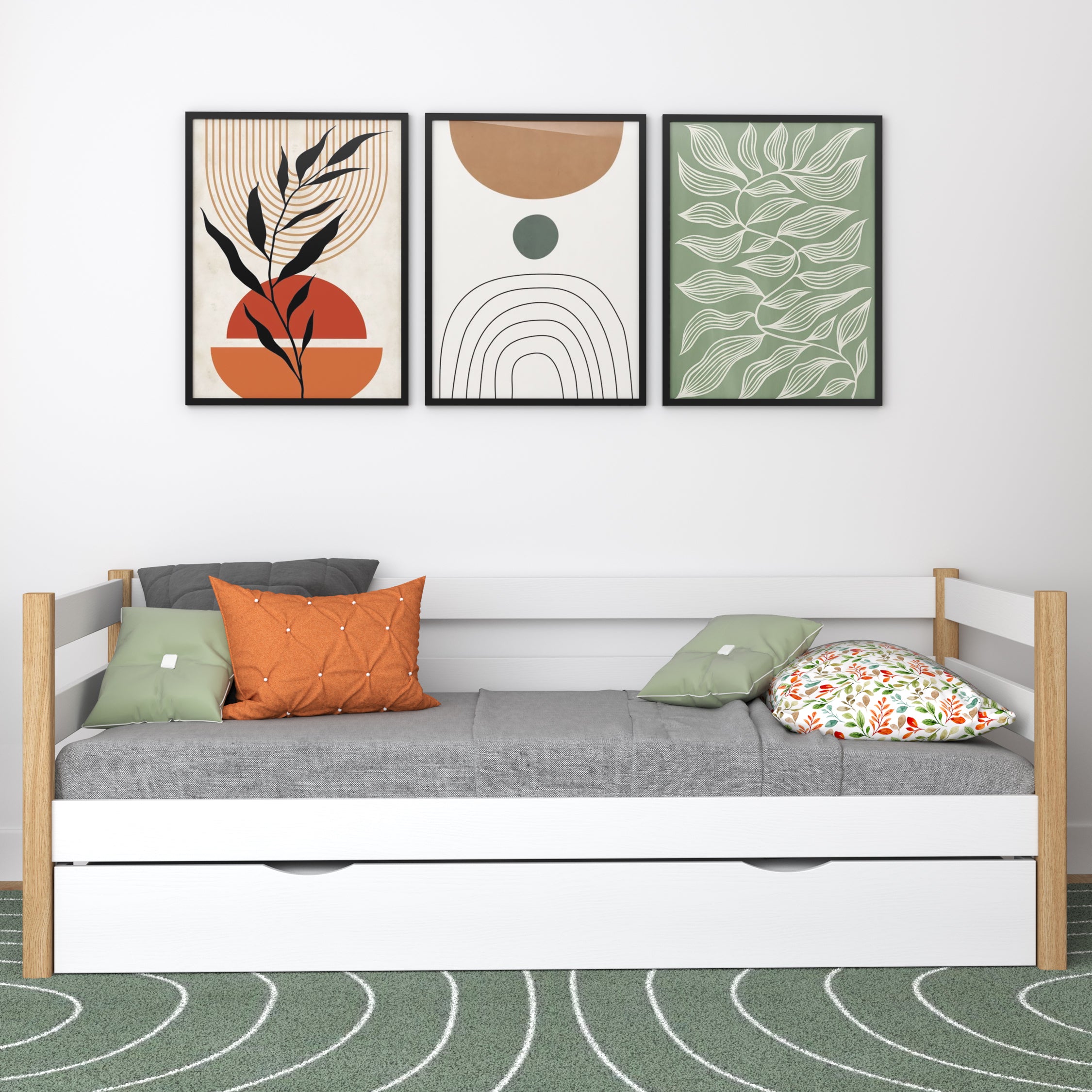 Łóżko sofa z szufladą na materac N01 biało dębowy – dodatkowy widok, lite drewno