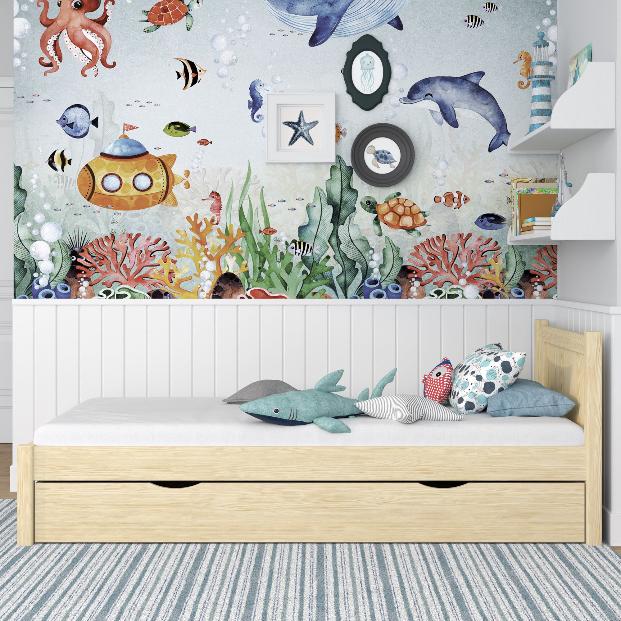 Clear pine bed with drawer – side view, wooden, Nizio Home