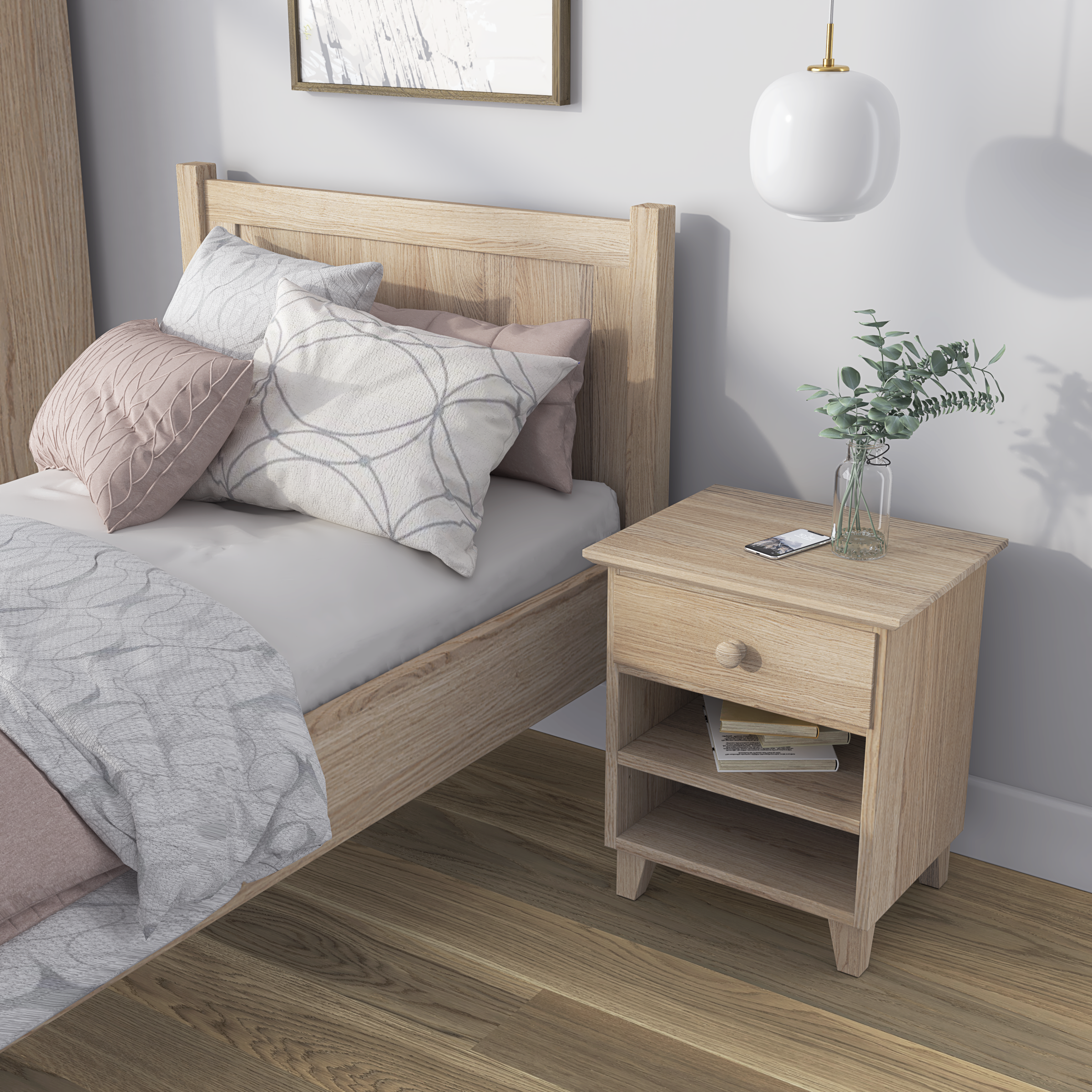 Oak bedside table 1S N02 Scandi oak bleached