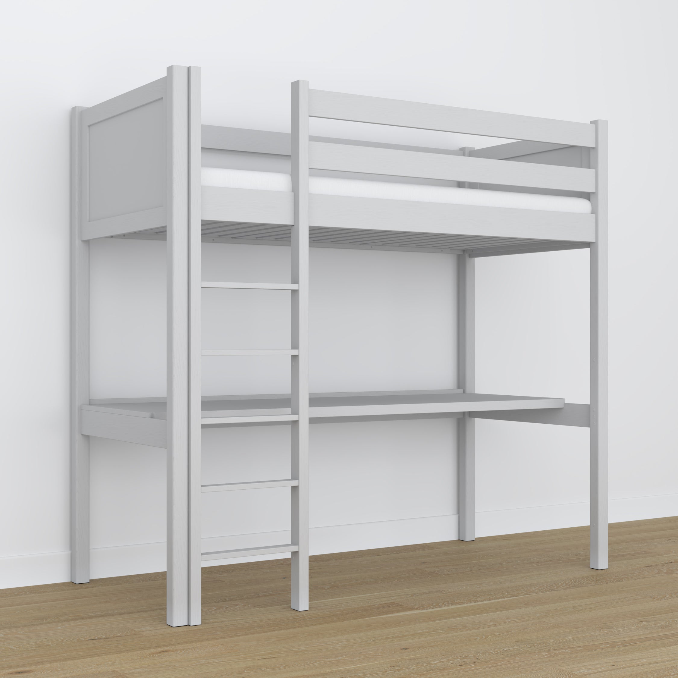 Loftseng i ask med et skrivebord - detaljer om led og stiger