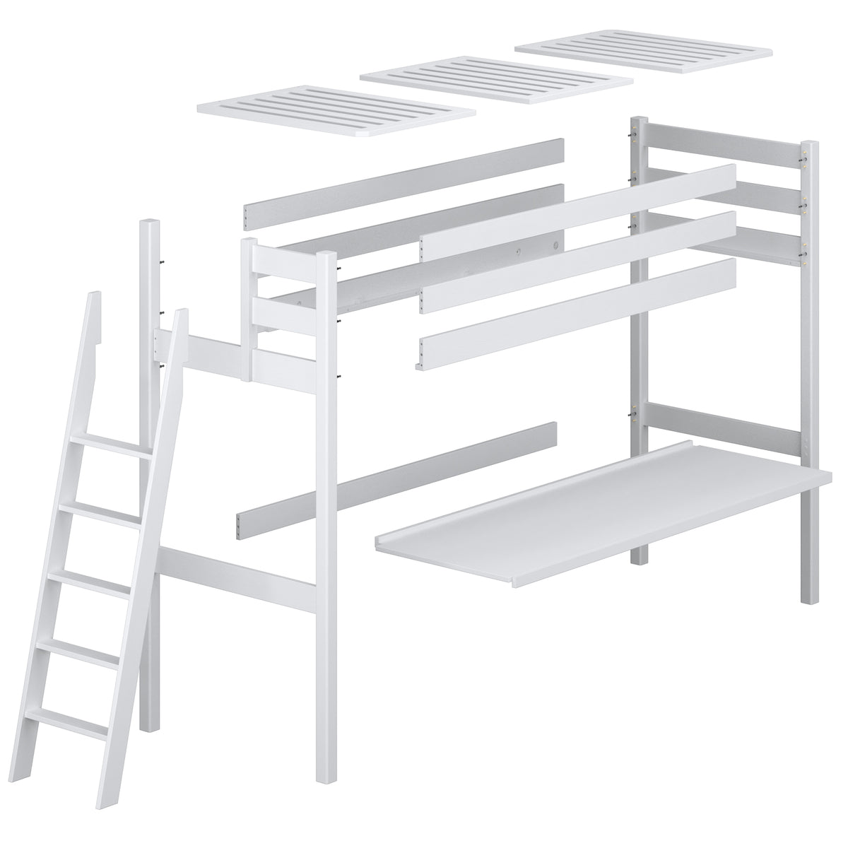 Loft bed white with desk – tabletop and wooden joints, close-up
