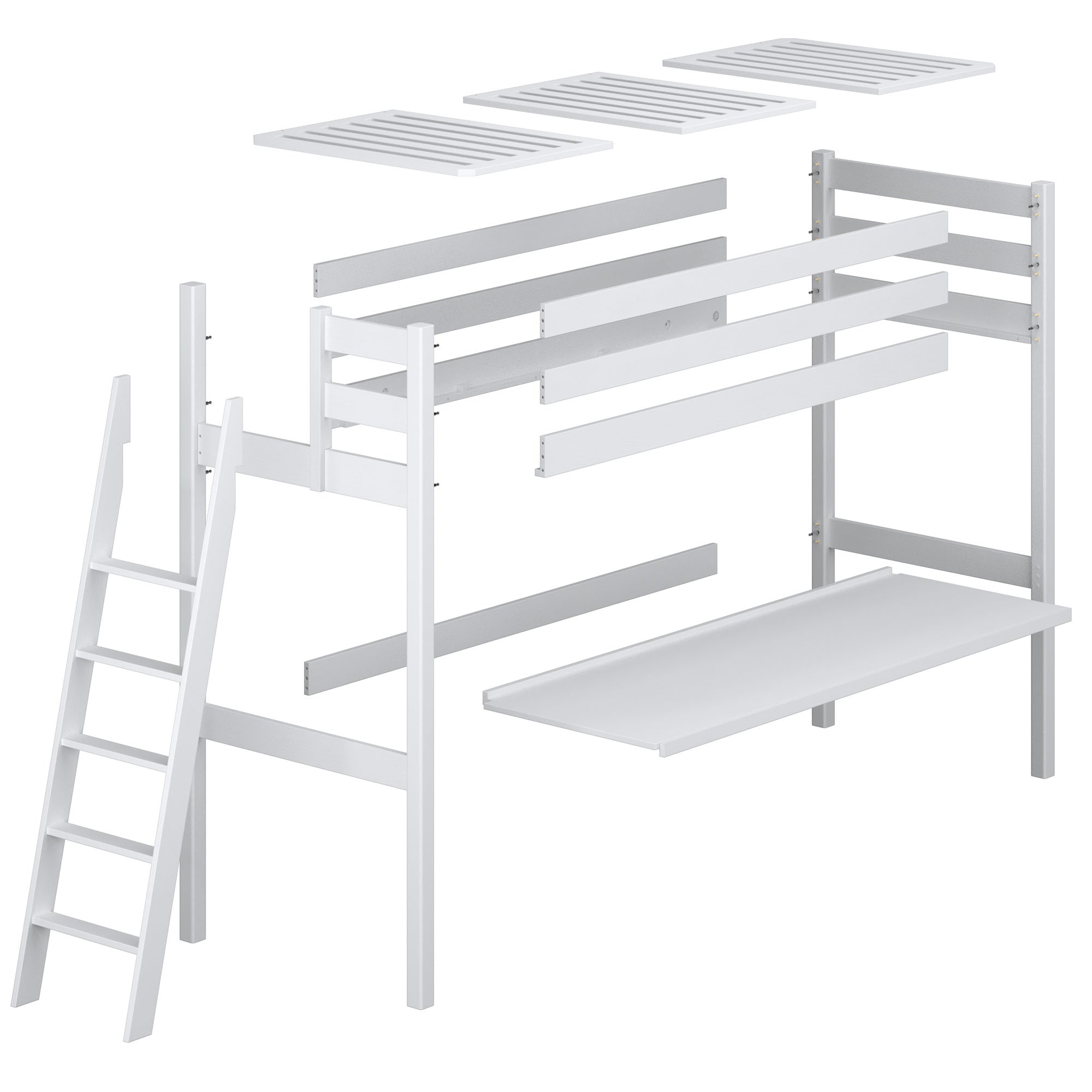 Loft bed white with desk – tabletop and wooden joints, close-up