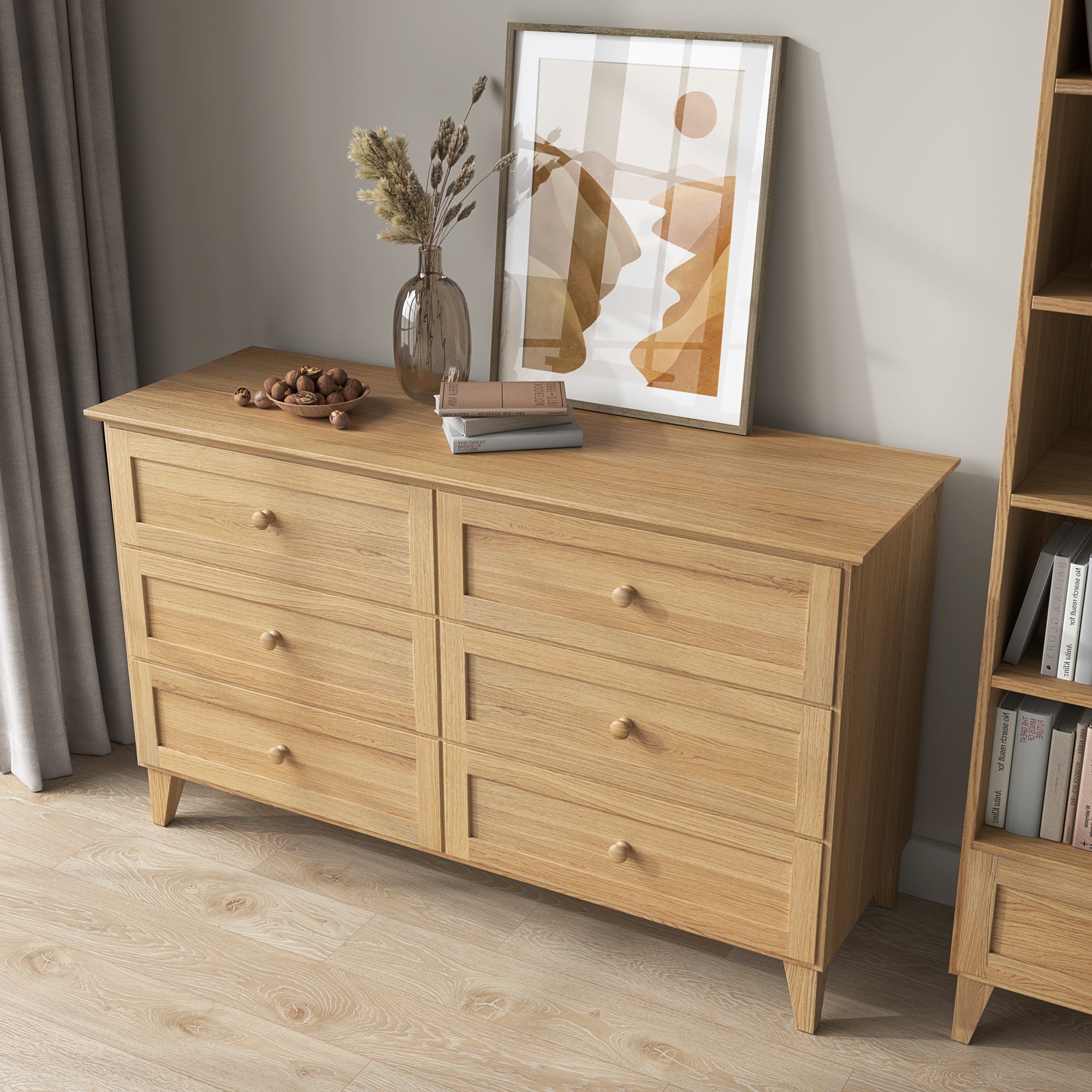 6S egetræs kommode, naturlig eg, 154 cm, i soveværelset - Skandinavisk arrangement