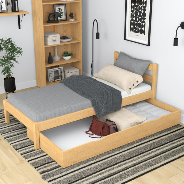 Natural pine bed with drawer – spacious storage, wooden, for children, Nizio