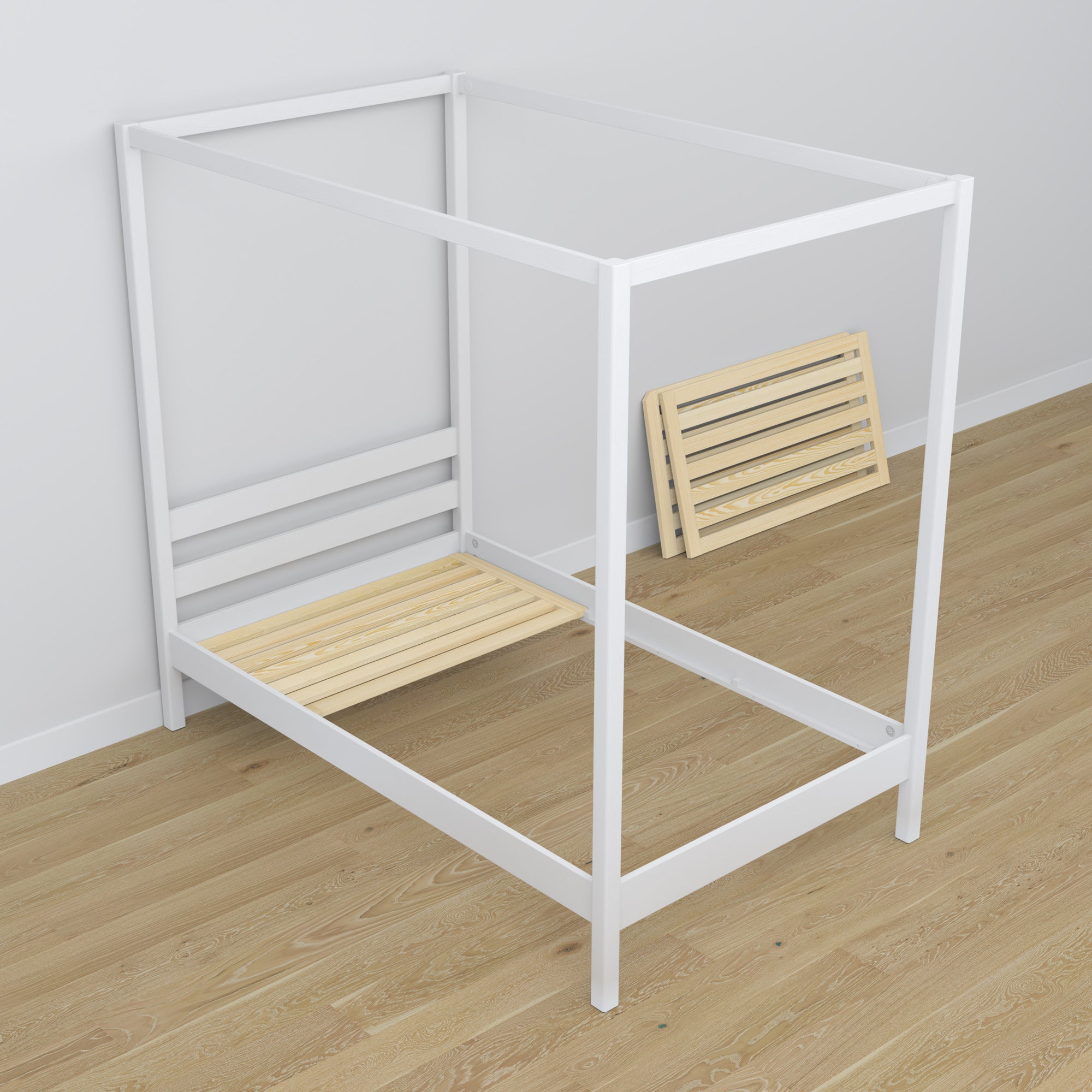 Wooden canopy bed white – angled view, craftsmanship quality