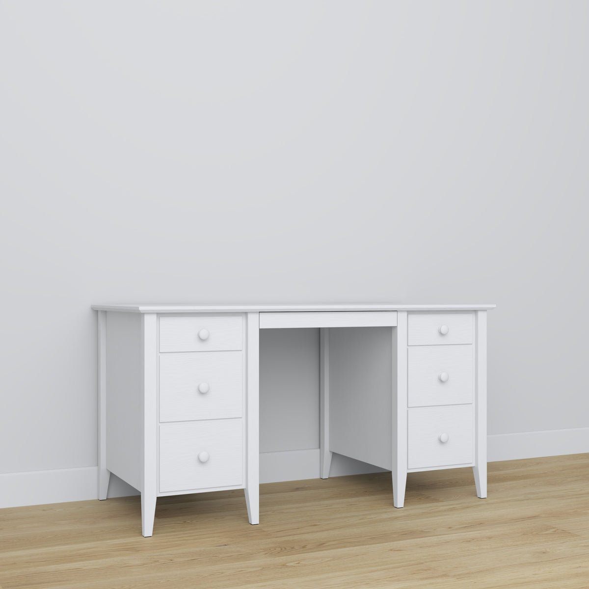 6S hvidt skrivebord - træ, bred top, set forfra, Nizio
