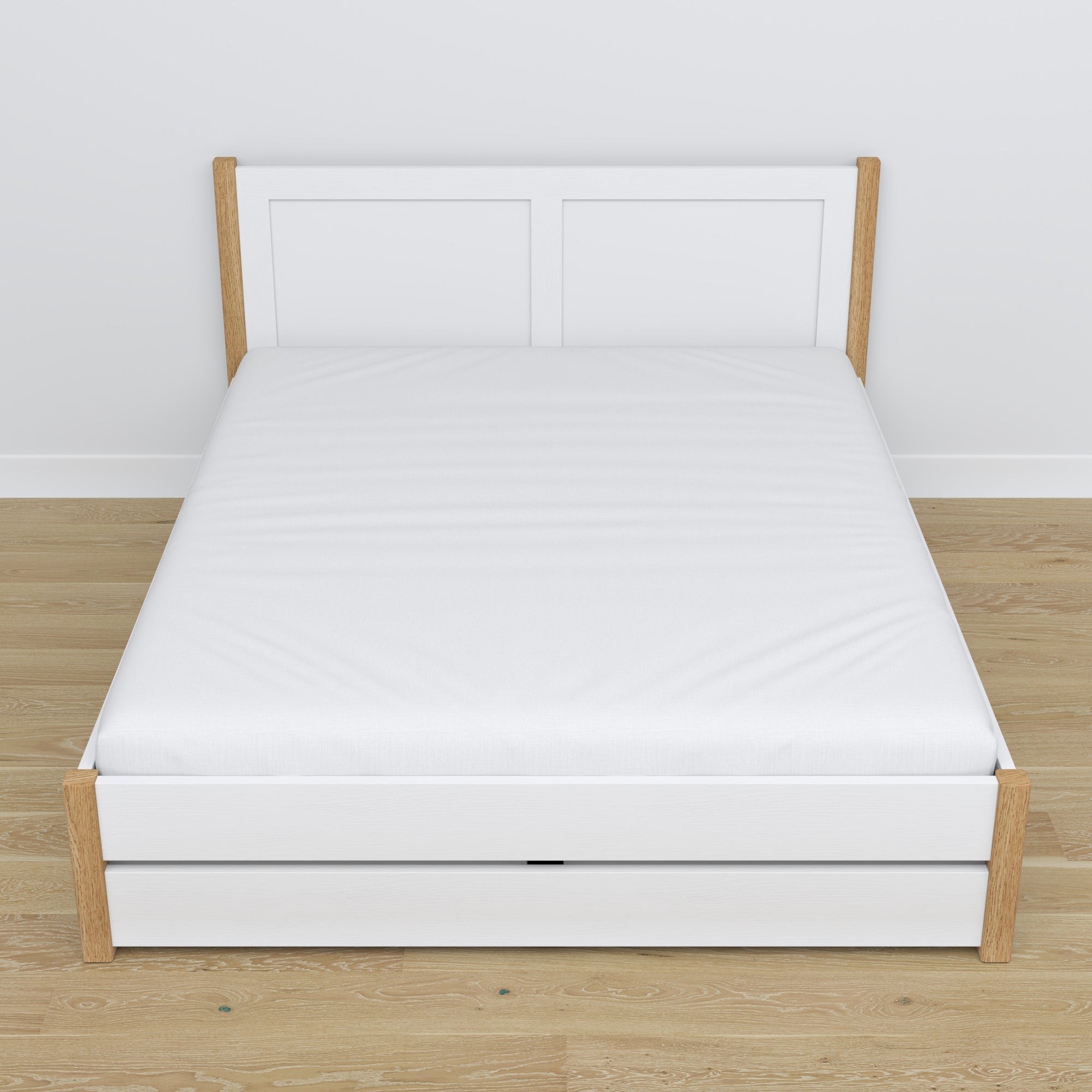 Double bed with wooden drawer white with oak – angled view, scandi bedroom
