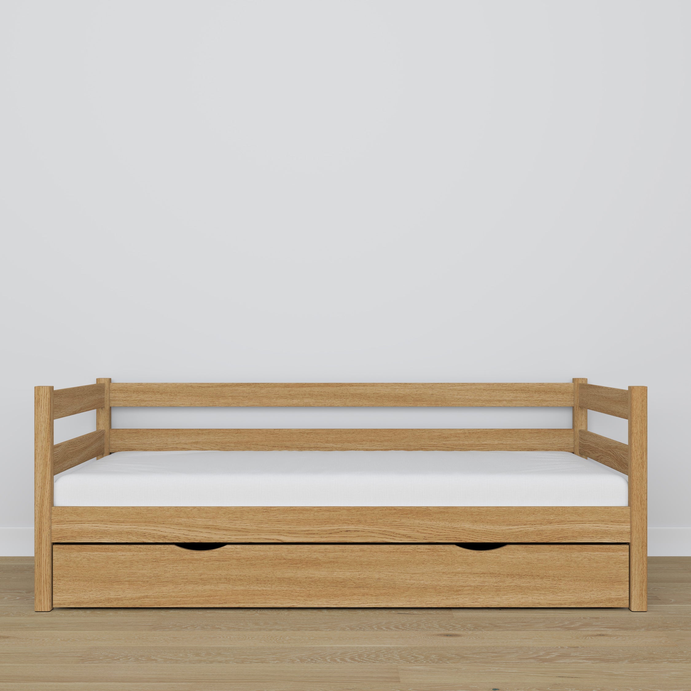 Natural oak sofa bed with drawer made of oak – dimensions and diagram, Nizio