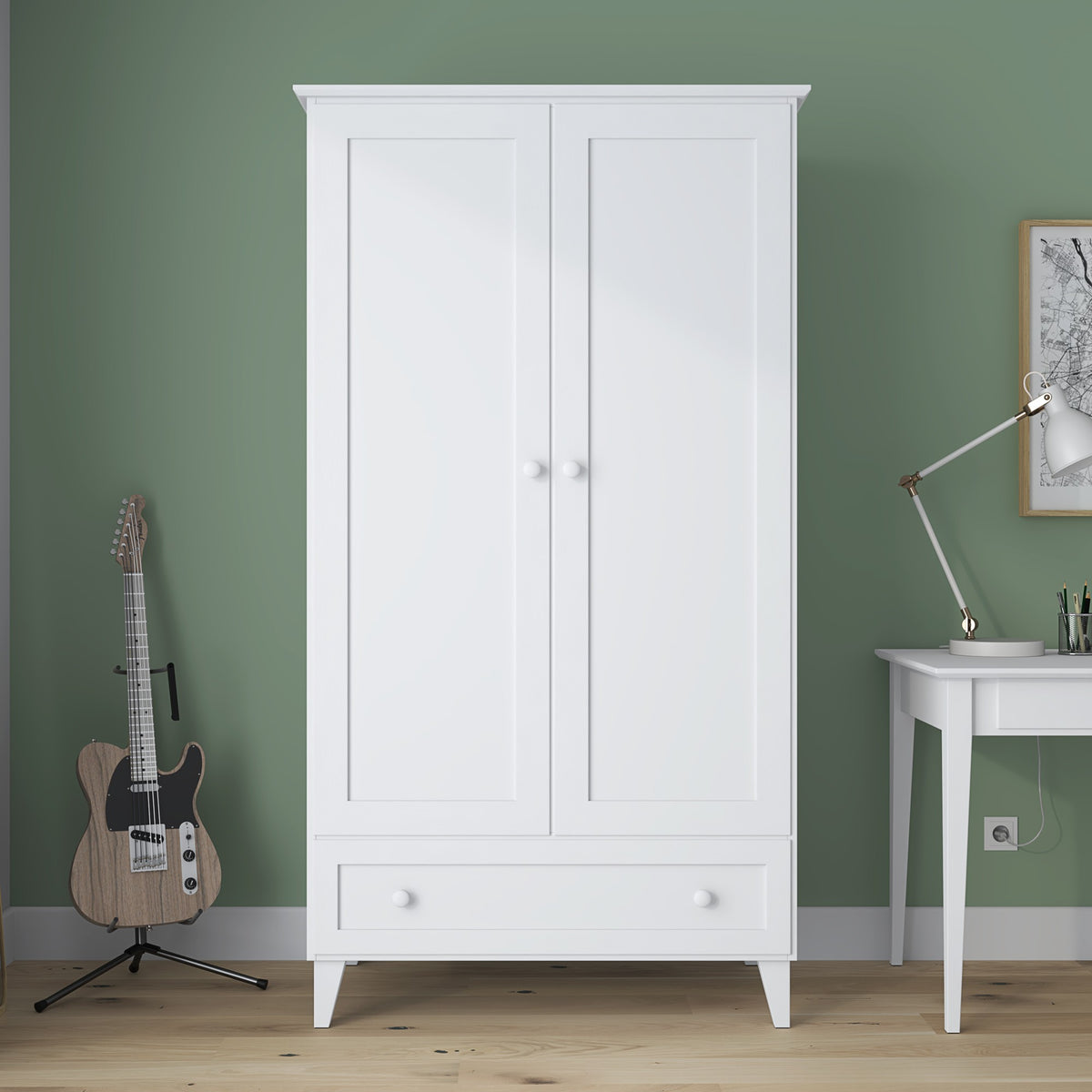 2D1S hvid garderobe – træ, lukket dør, set forfra, Nizio