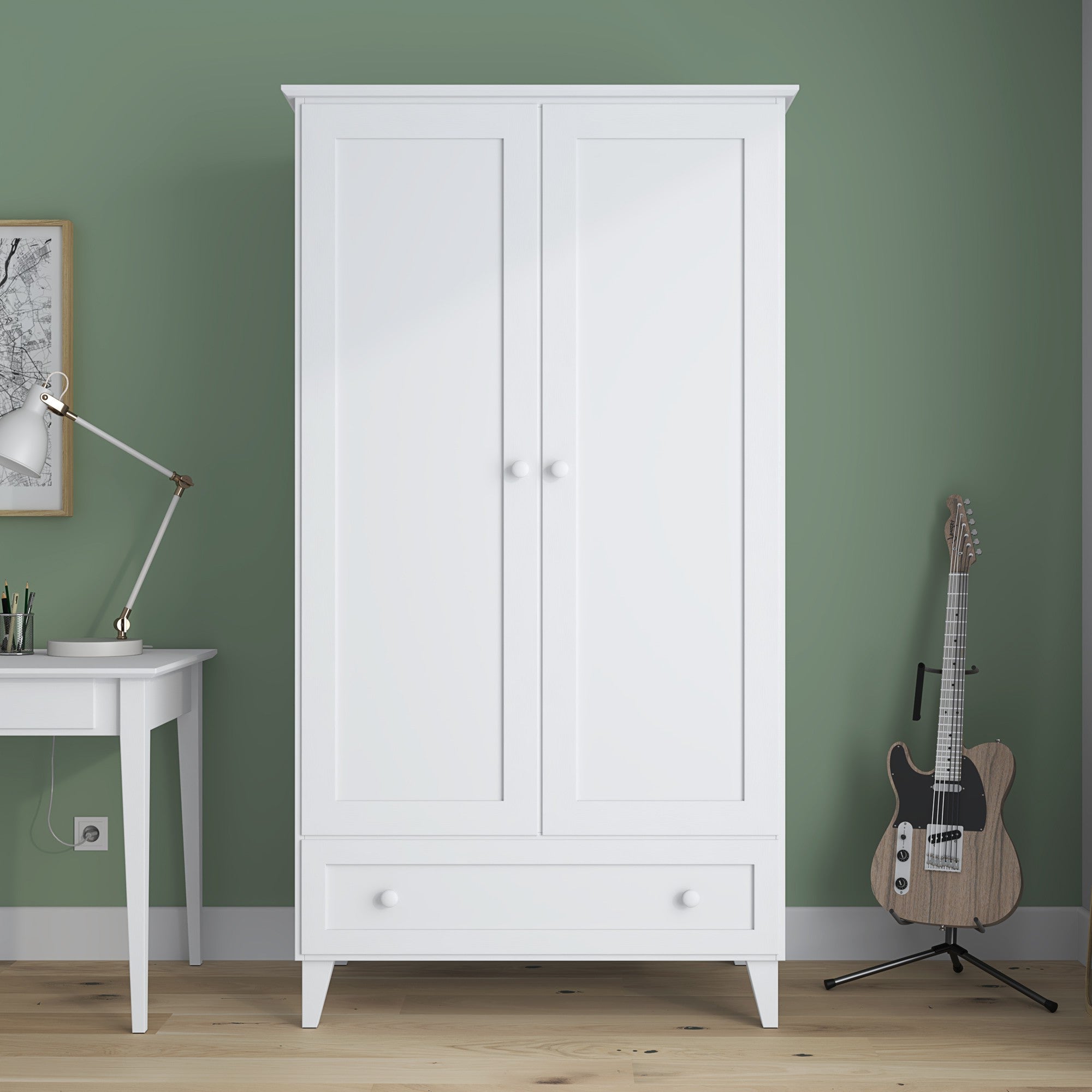 2D1S hvid garderobe – træ, lukket dør, set forfra, Nizio
