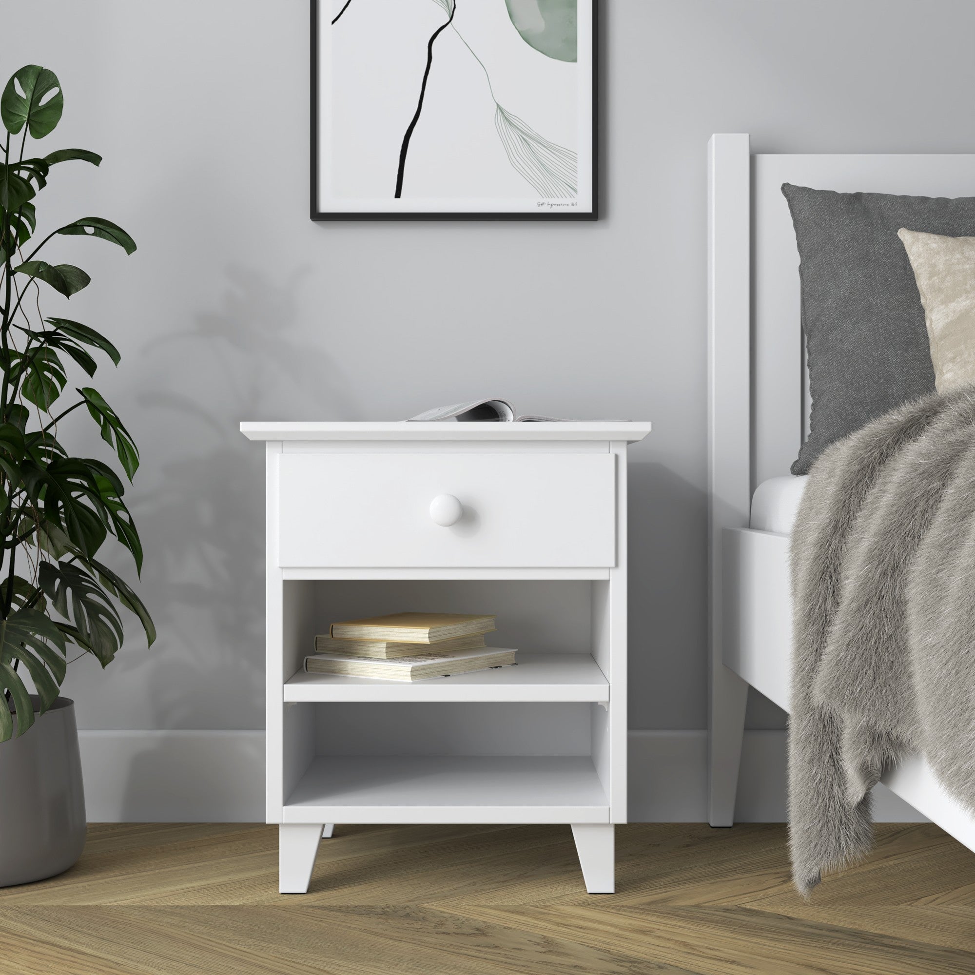 Sengebord N02, træ, hvid - åben skuffe, opbevaringsplads ved siden af sengen