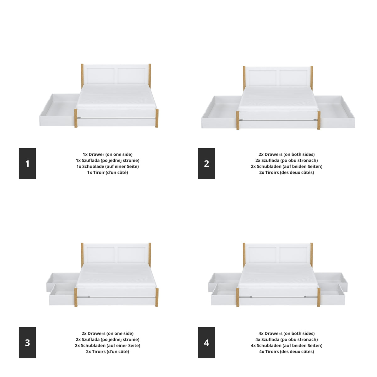 Double bed white with oak and drawer in bedroom – Scandinavian arrangement