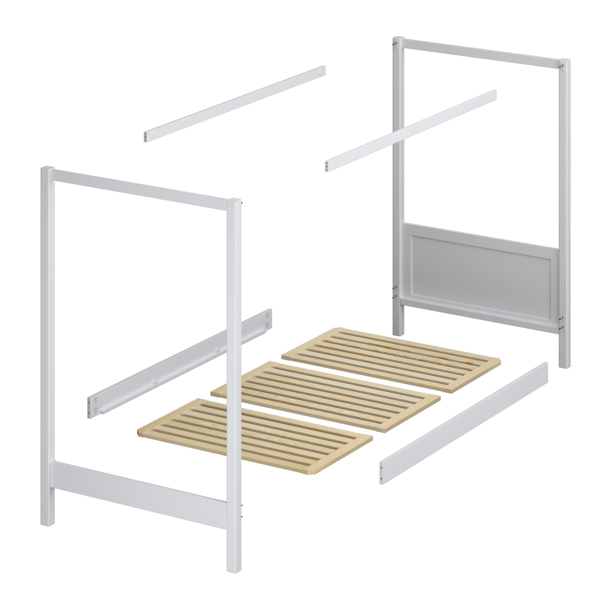 Wooden grey canopy bed – angled view, craftsmanship quality