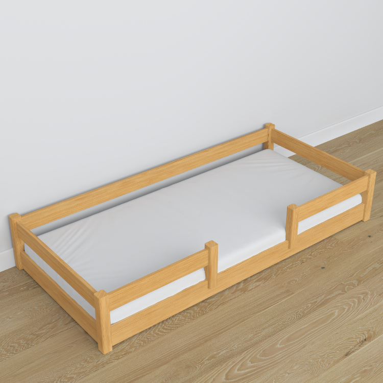 Low Bed Natural Pine in Bedroom – Scandinavian Arrangement, Wooden