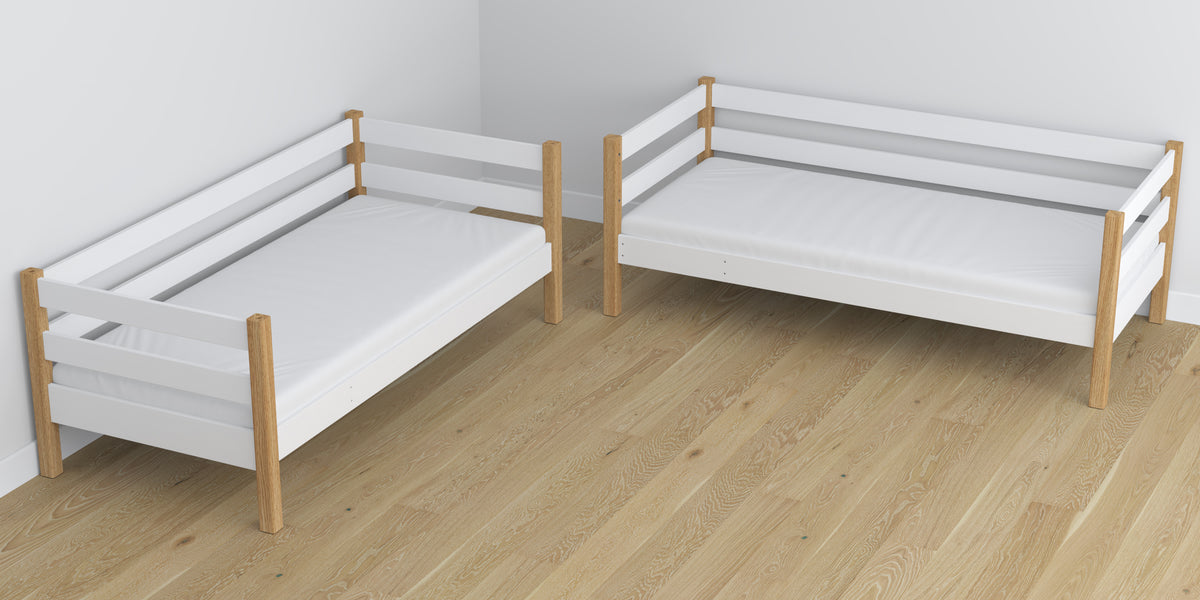 White and Oak Wooden Bunk Bed with Drawer – Scandi Children’s Room Arrangement
