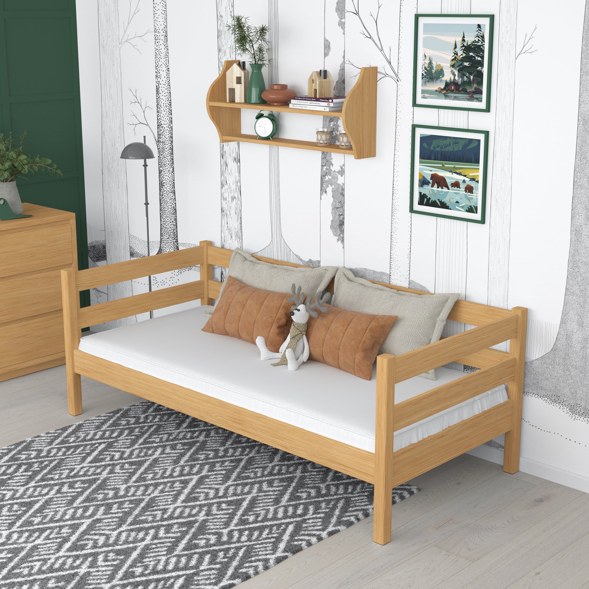 Sovesofa i naturtræ i et børneværelse - scandi arrangement, træ