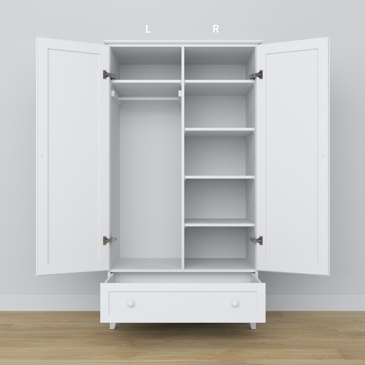 2D1S hvid garderobe – åben skuffe, rummelig opbevaringsplads, træ