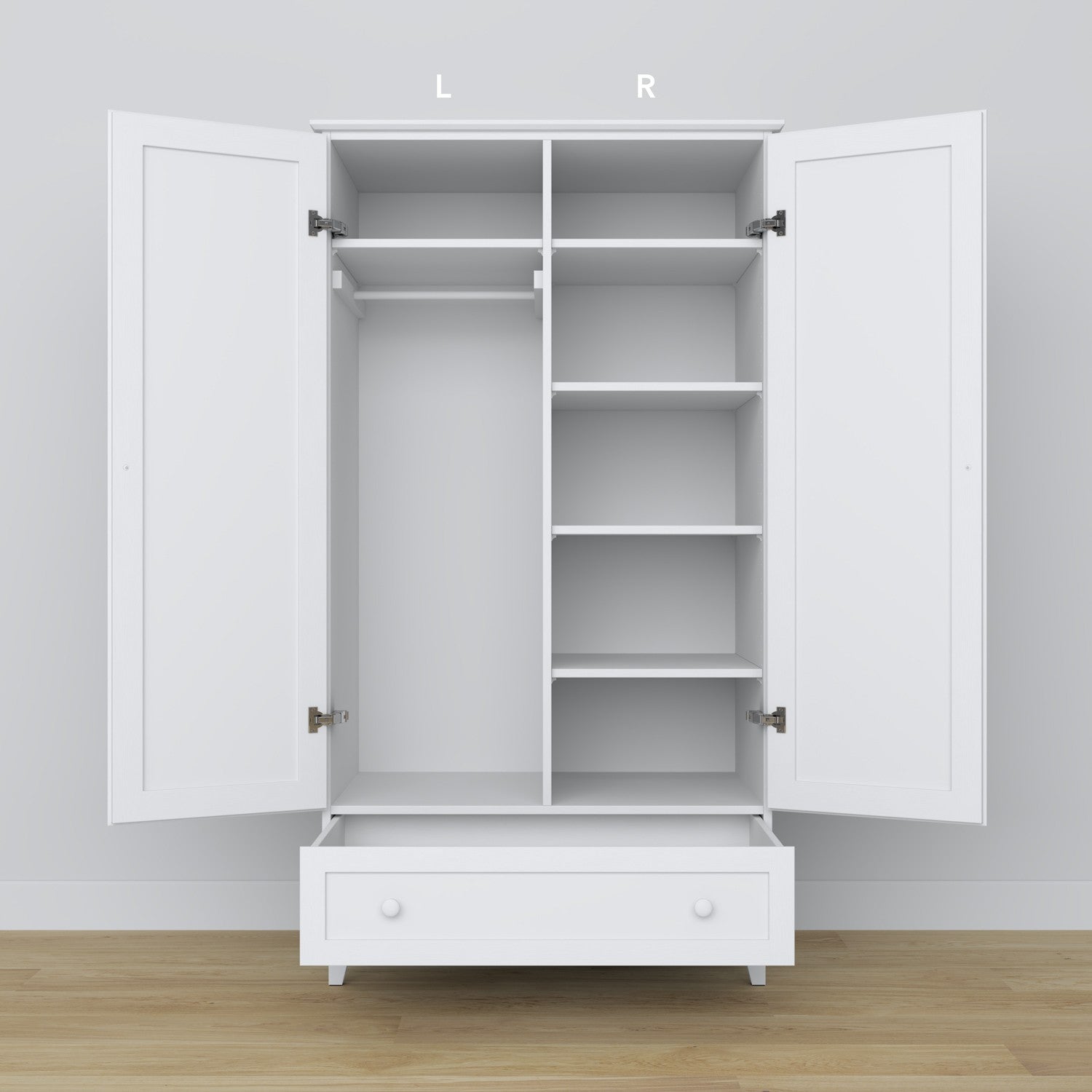 2D1S hvid garderobe – åben skuffe, rummelig opbevaringsplads, træ