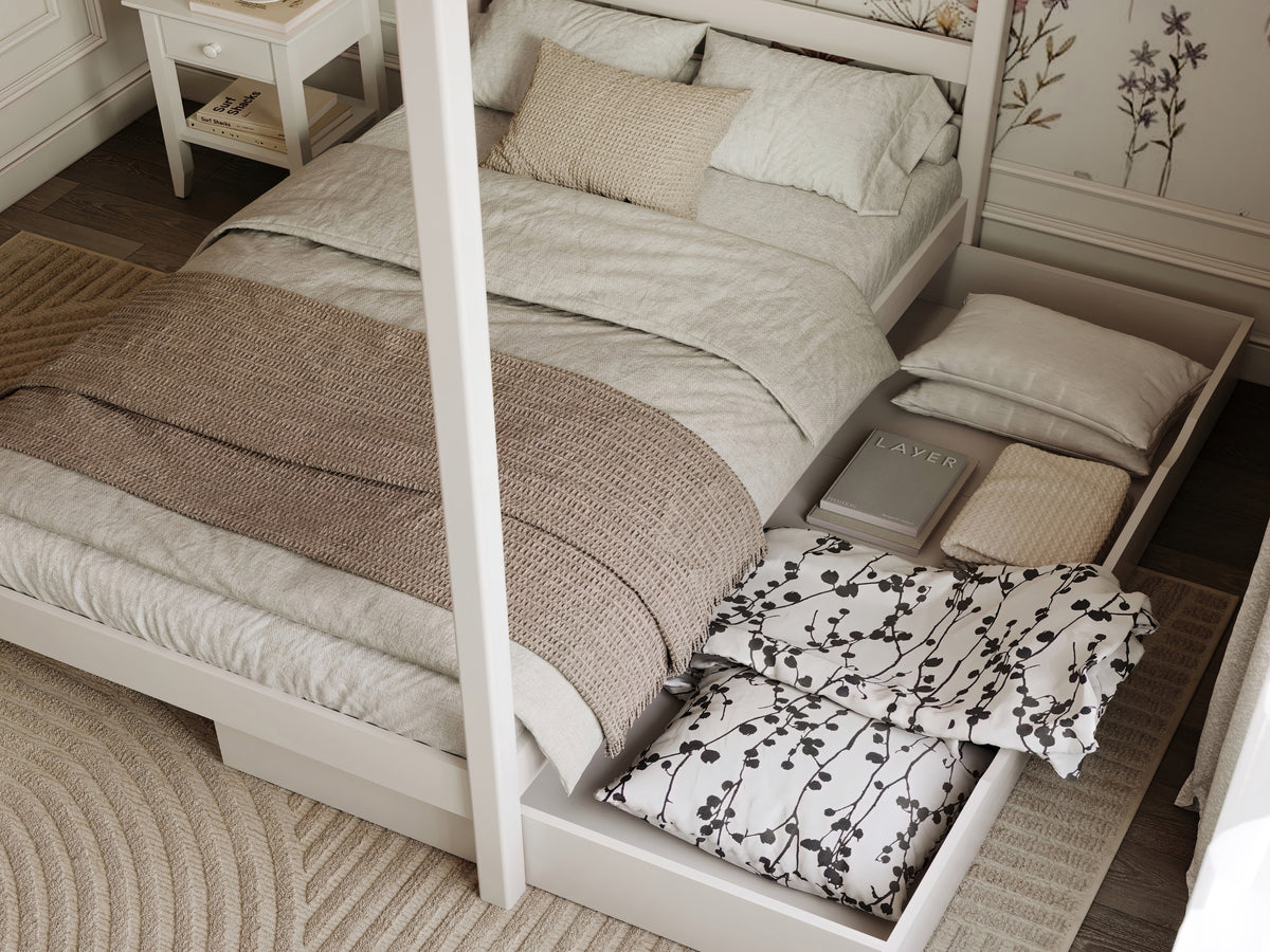 Canopy Bed White with Drawer – Side View, Wooden