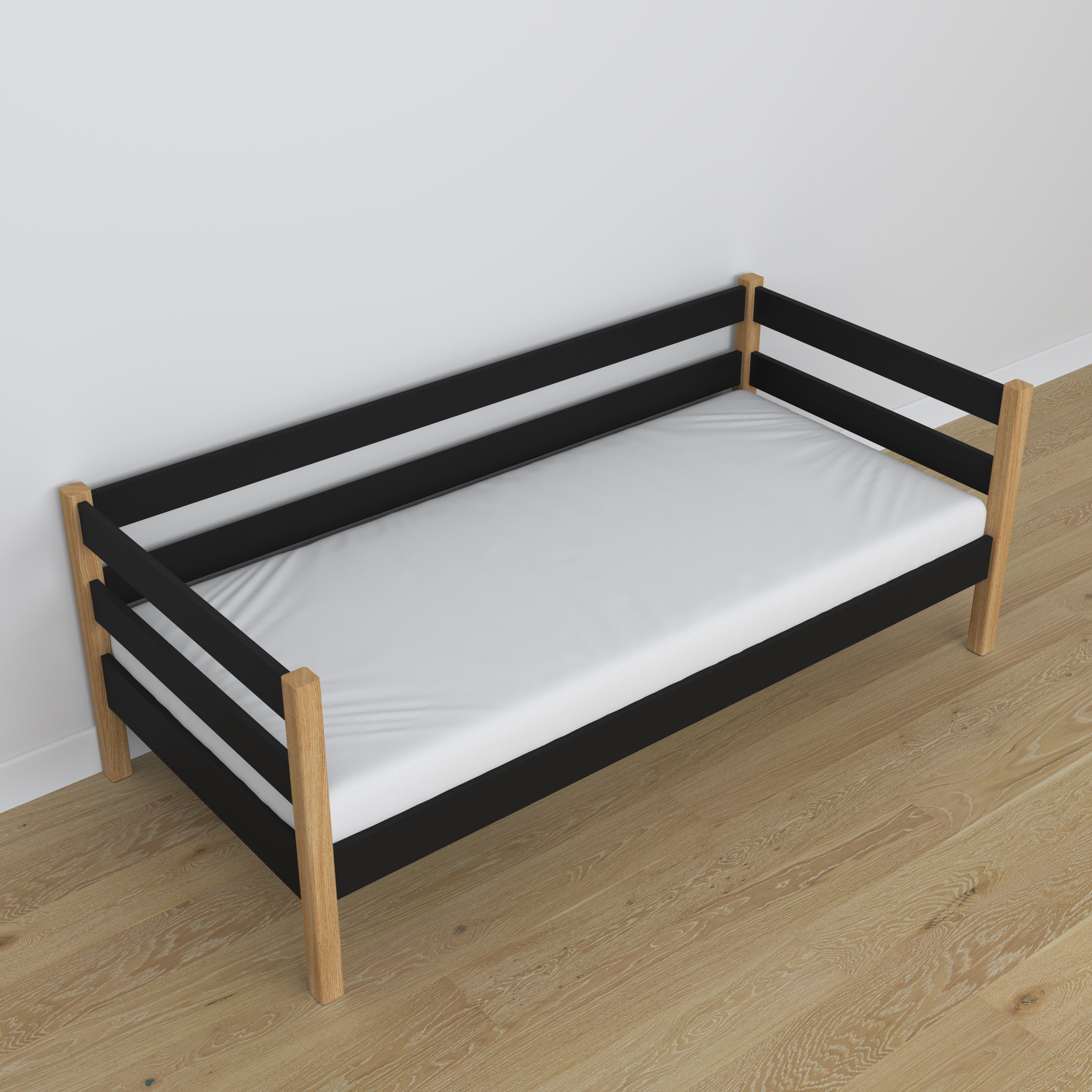 Sovesofa i sort og eg lavet af træ - mål og diagram, Nizio
