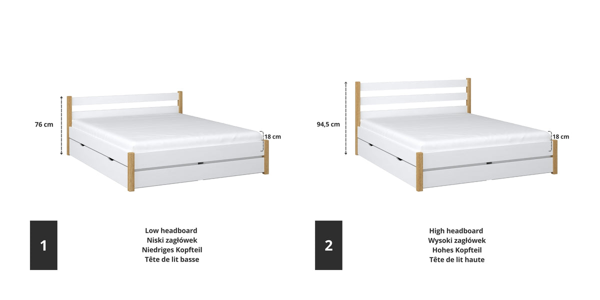 Wooden double bed white with oak – joint and drawer details, Nizio