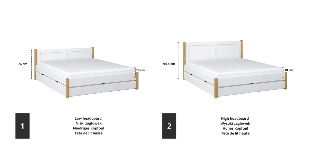 Wooden double bed white with oak – joint and drawer details, Nizio