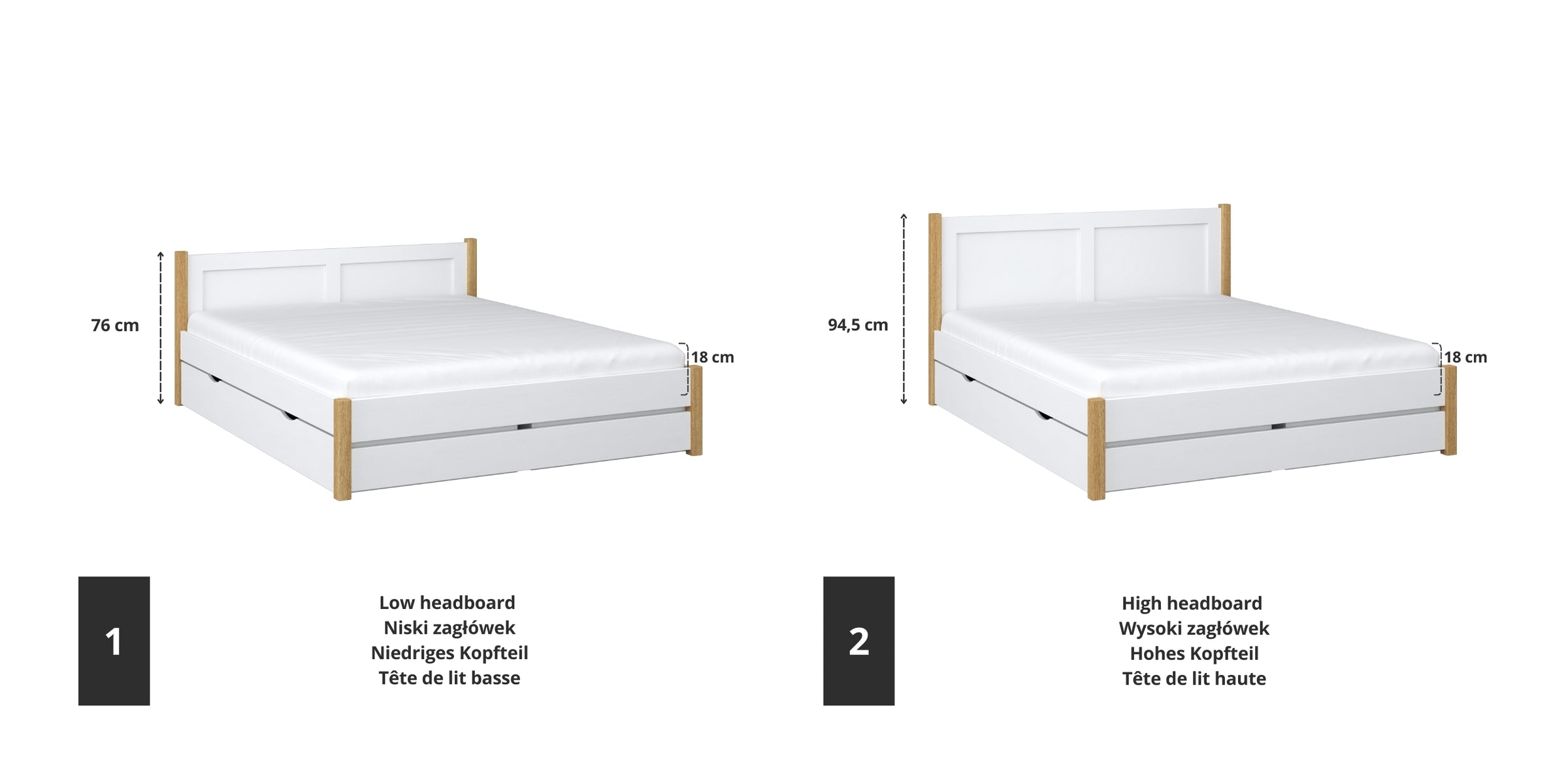Wooden double bed white with oak – joint and drawer details, Nizio