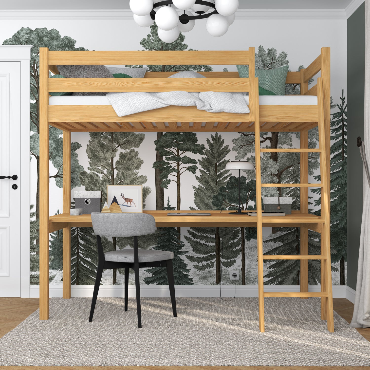 Mezzanin seng med skrivebord, træ, naturlig fyr - børneværelse, scandi Nizio