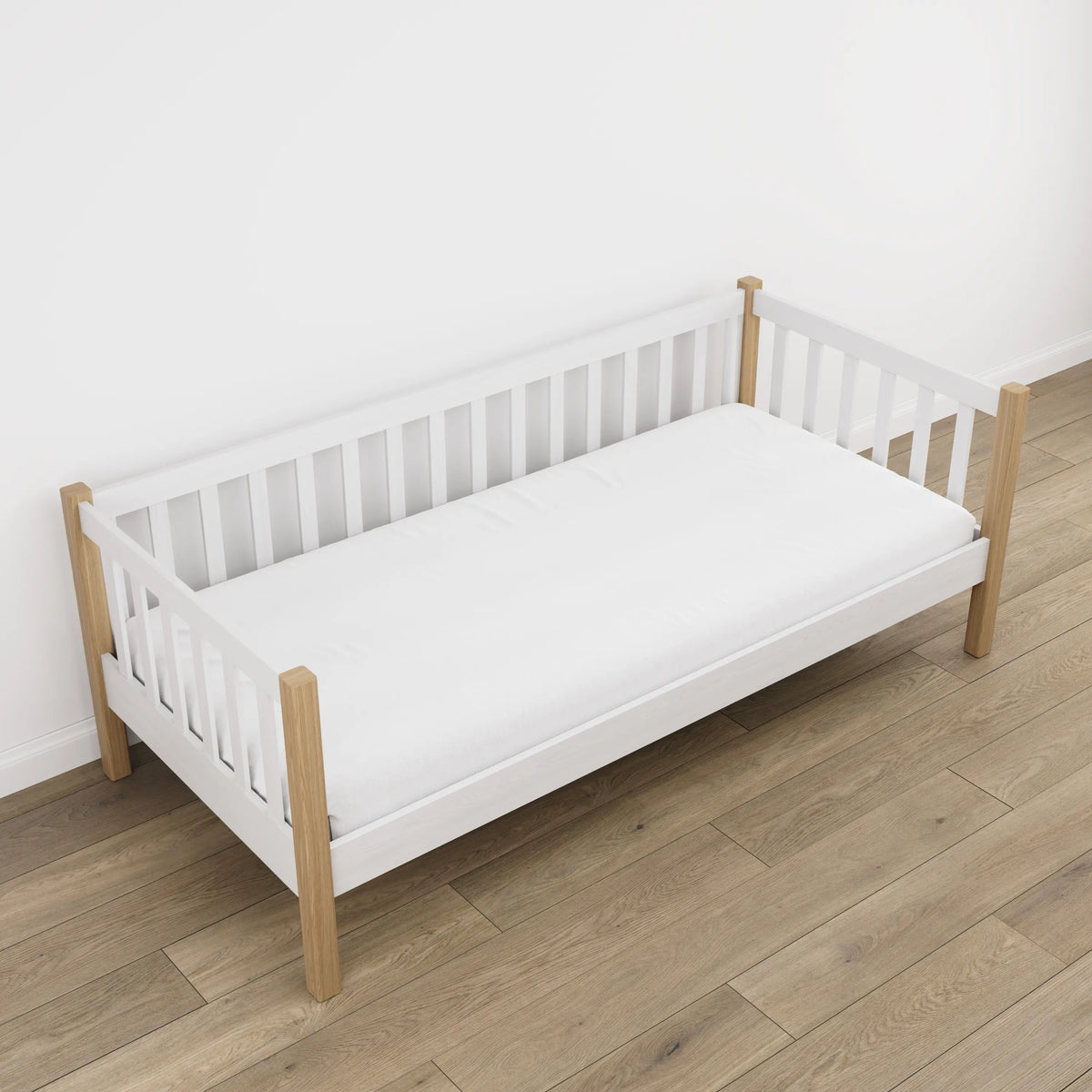 Łóżko sofa biały z dębem w pokoju dziecięcym – aranżacja scandi, drewniane