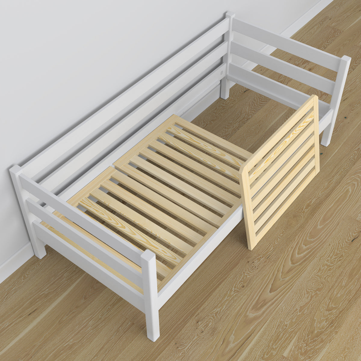 Hvid sovesofa i træ - diagonal udsigt, scandi