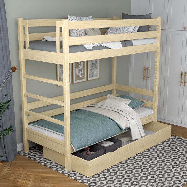 Clear Pine Bunk Bed with Drawer – Wooden Safety Rail and Ladder, Nizio