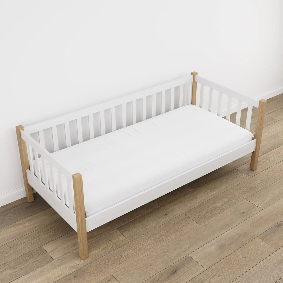 Łóżko sofa biały z dębem – nogi i podstawa drewniane, zbliżenie na detale