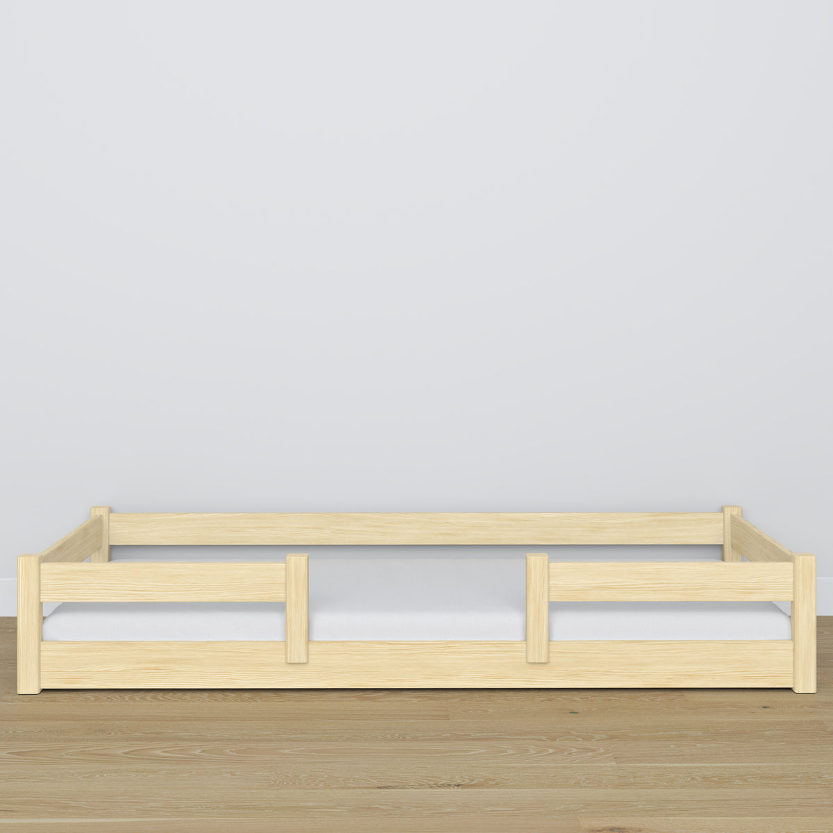 Low Bed Clear Pine in Bedroom – Scandinavian Arrangement, Wooden