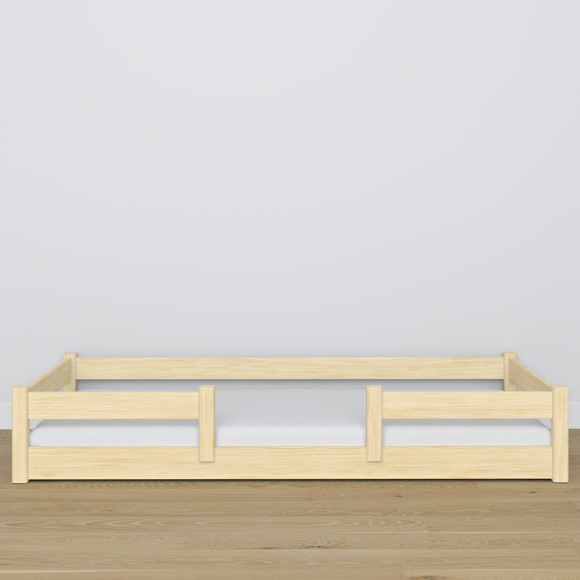 Low Bed Clear Pine in Bedroom – Scandinavian Arrangement, Wooden