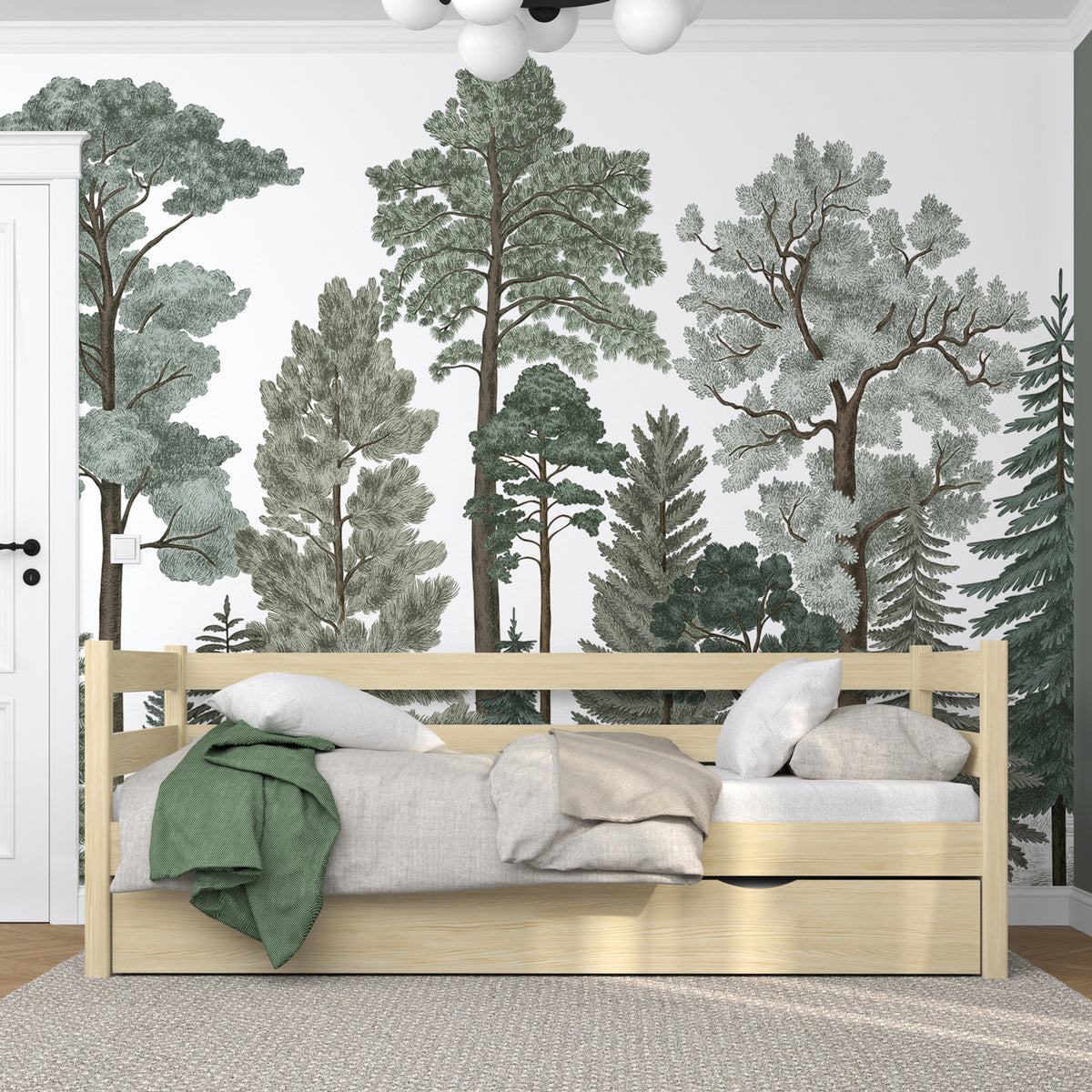 Farveløs fyrretræ sovesofa - sidebarriere af træ, set fra siden, Nizio
