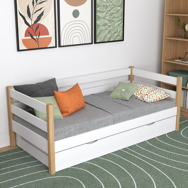 Łóżko sofa z szufladą na materac N01 biało dębowy – dodatkowy widok, trwała jakość Nizio Home