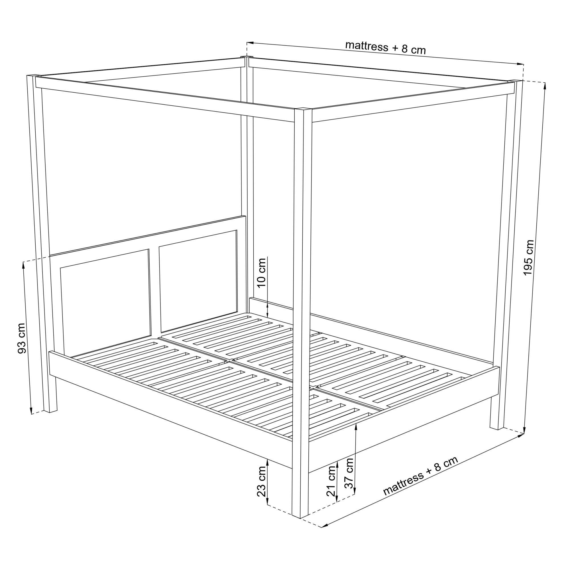 Wooden double bed with canopy white – legs, close-up of details
