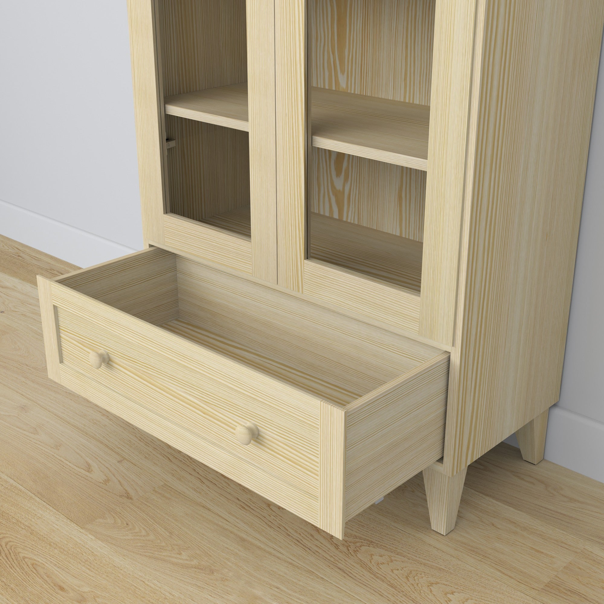 Display cabinet 1S pine clear pine – open doors, shelves and drawer inside