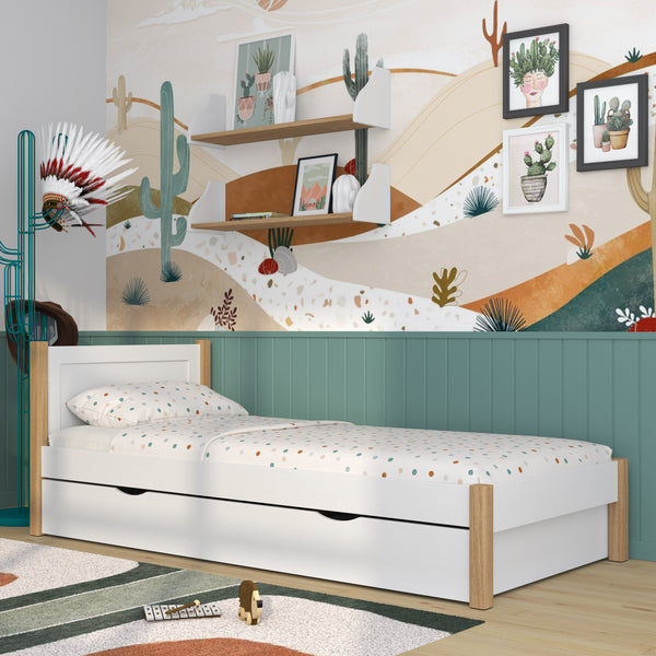 Single bed with drawer wooden white-oak – children’s room, scandi style
