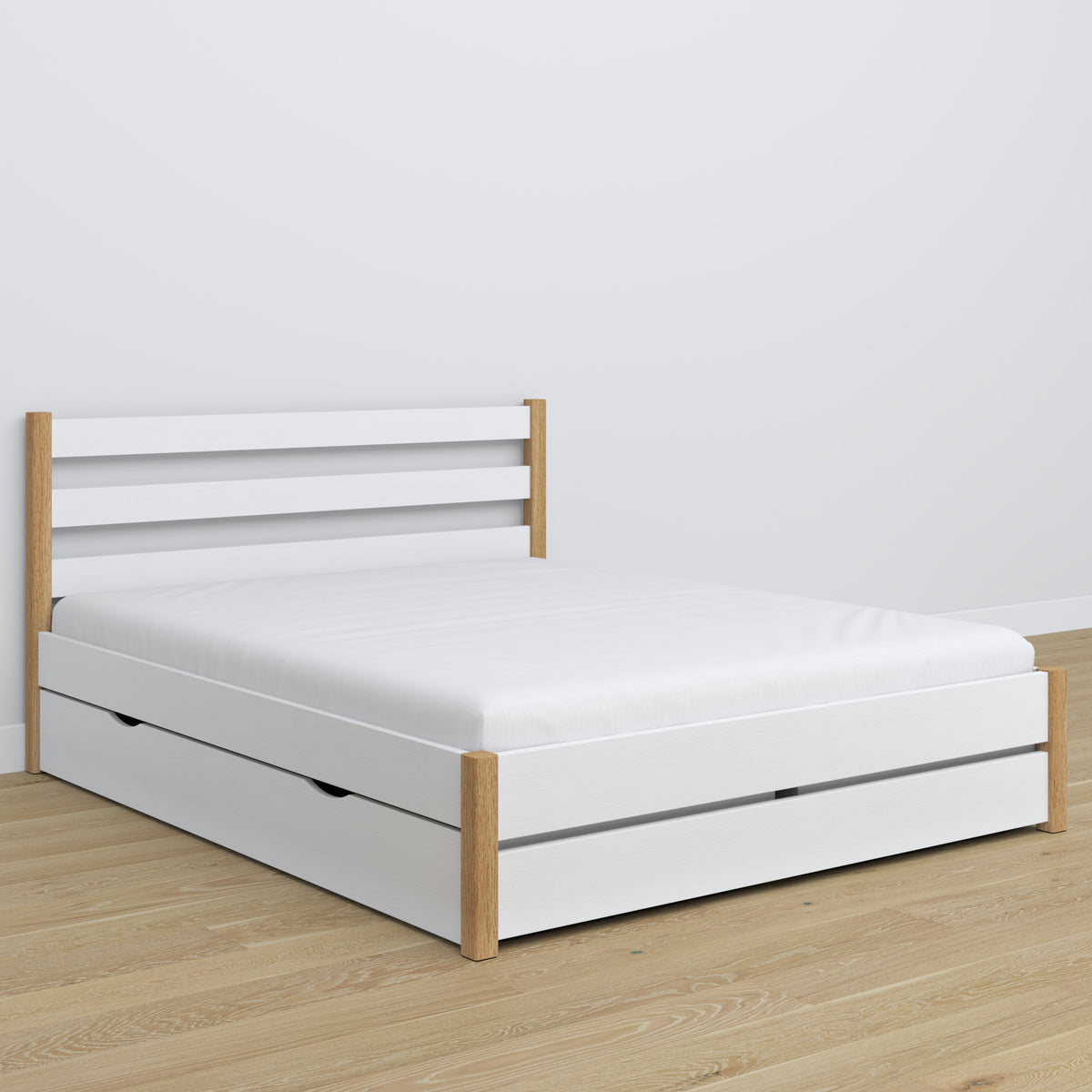 Double bed white with oak and drawer – wooden headboard, close-up