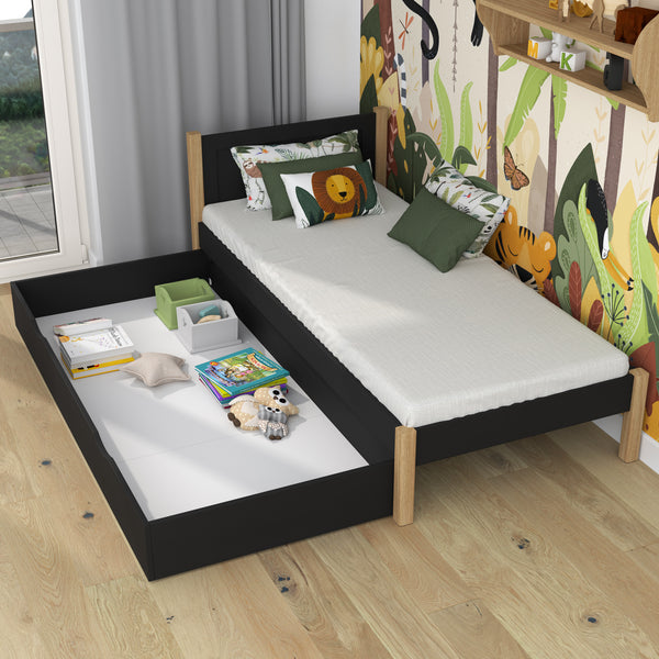 Black and Oak Bed with Drawer – Spacious Storage, Wooden, for Children, Nizio