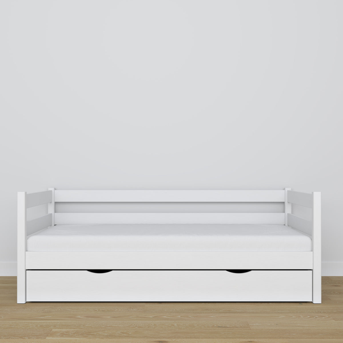 Hvid sovesofa i træ med skuffe – mål og diagram, Nizio