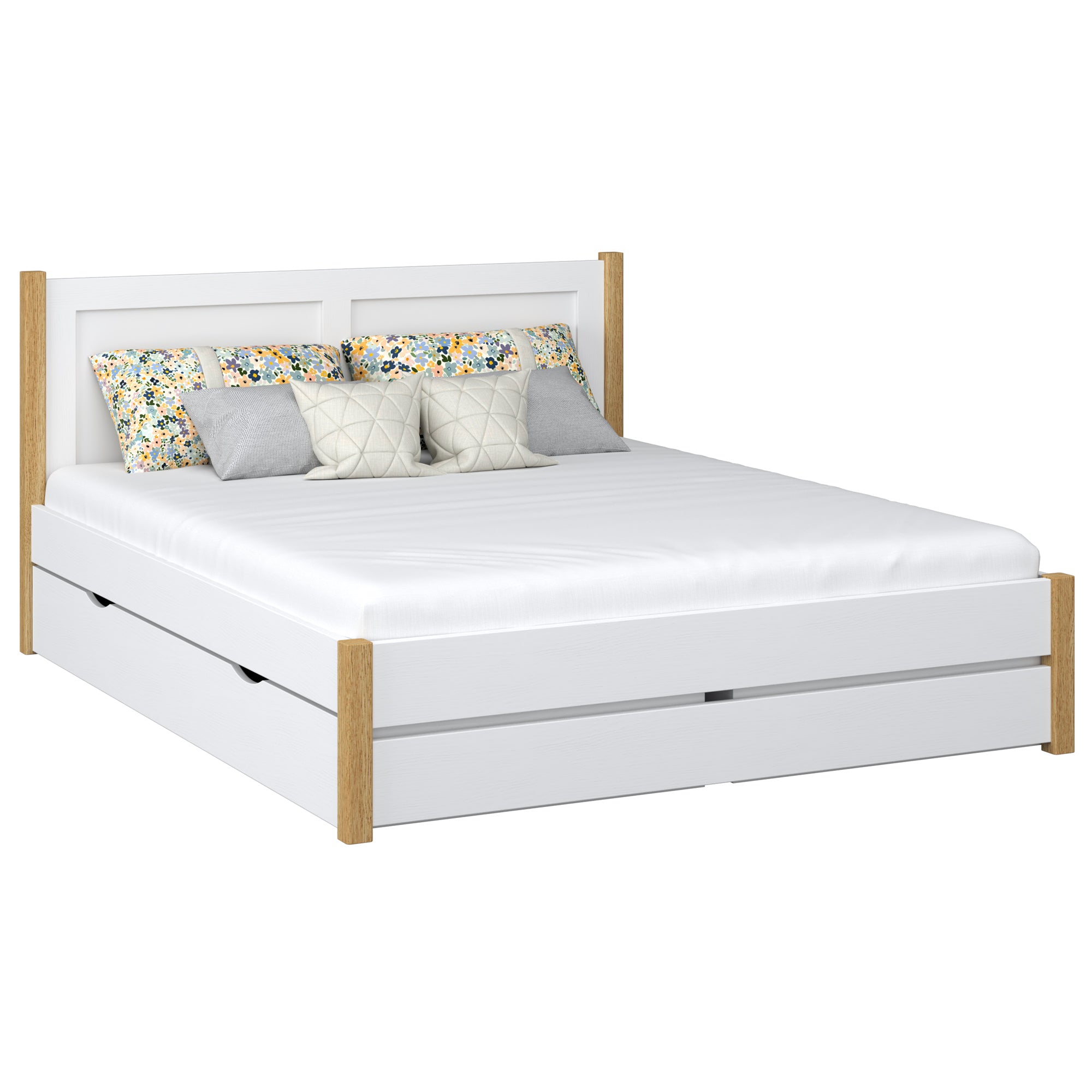 Wooden double bed with drawer white with oak – bedroom, storage, scandi style