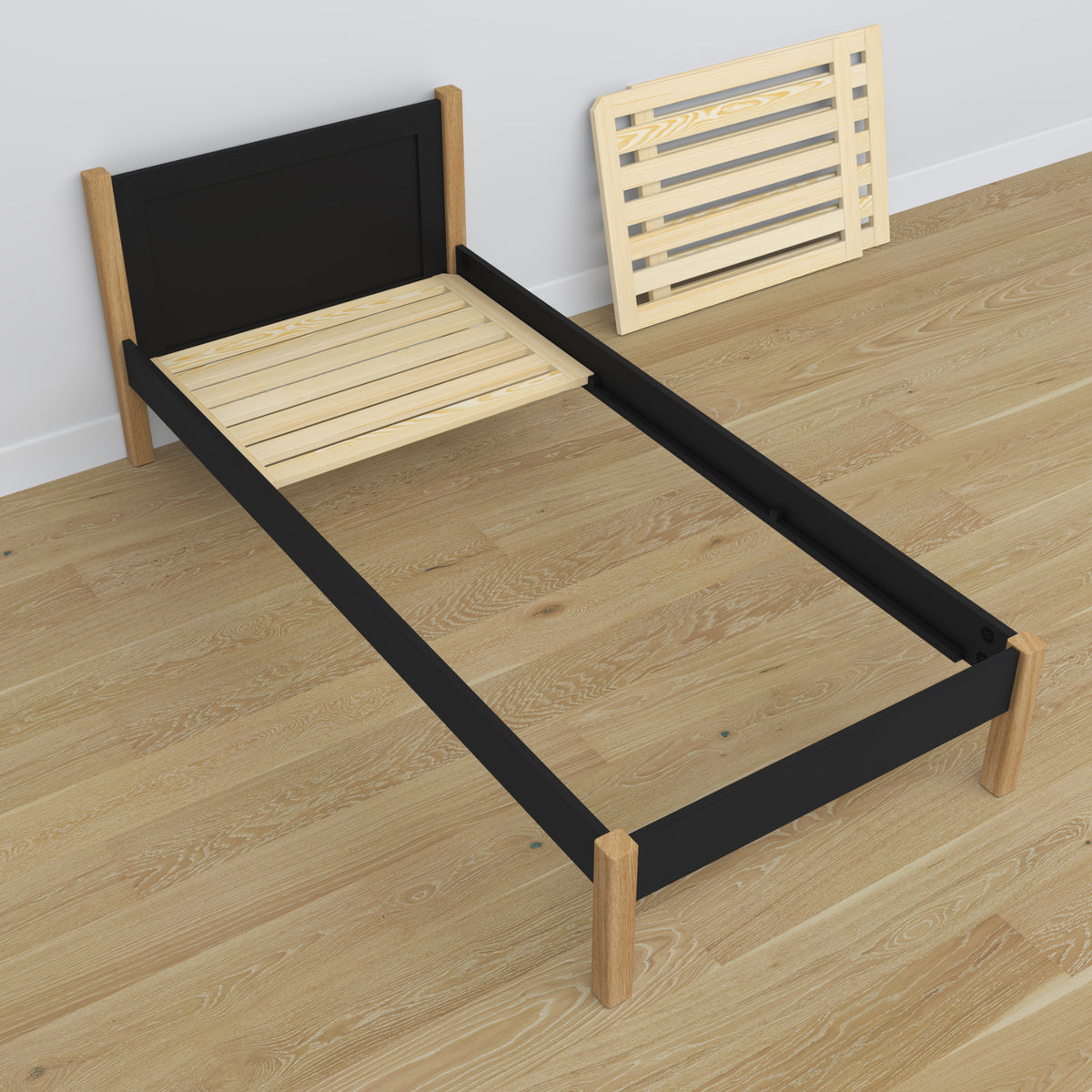 Wooden bed with drawer black-oak – headboard, close-up of wood quality