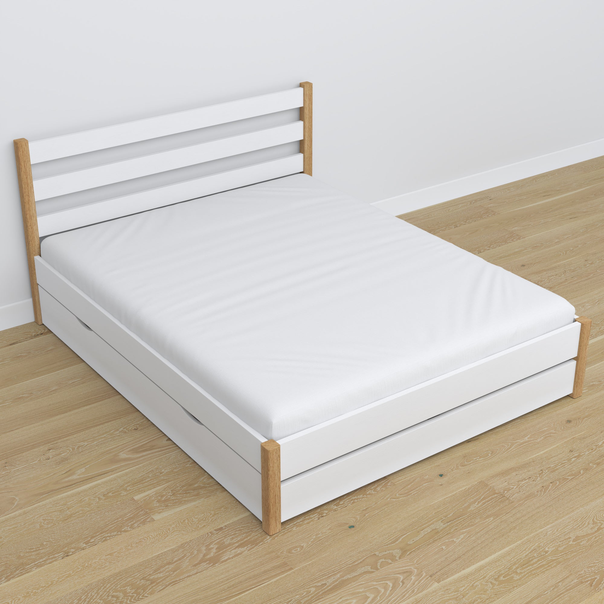 Double bed white with oak – wooden legs and base, close-up