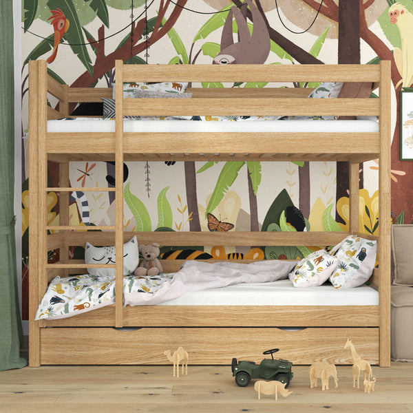 Natural Oak Bunk Bed with Mattress Drawer – Safety Rail, Oak, Nizio Home