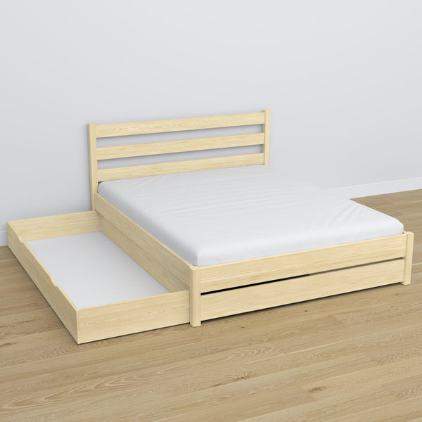 Double bed with wooden drawer clear pine – open drawer, spacious interior