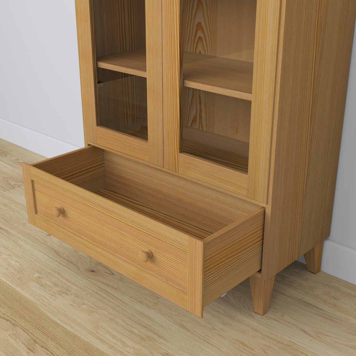 Display cabinet 1S pine natural pine – open doors, shelves and drawer inside