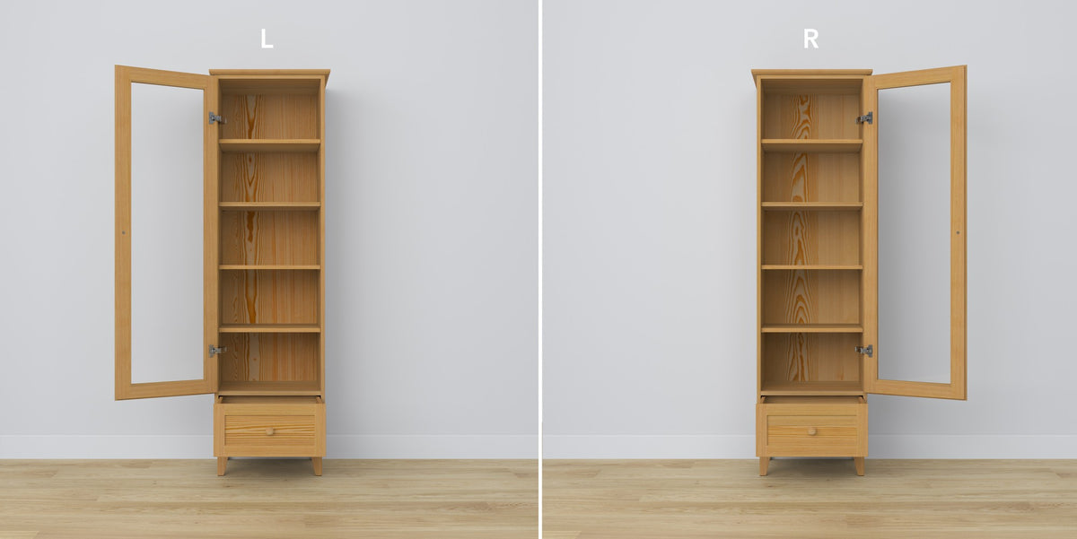 Display cabinet 1S pine natural pine – open doors, shelves and drawer inside