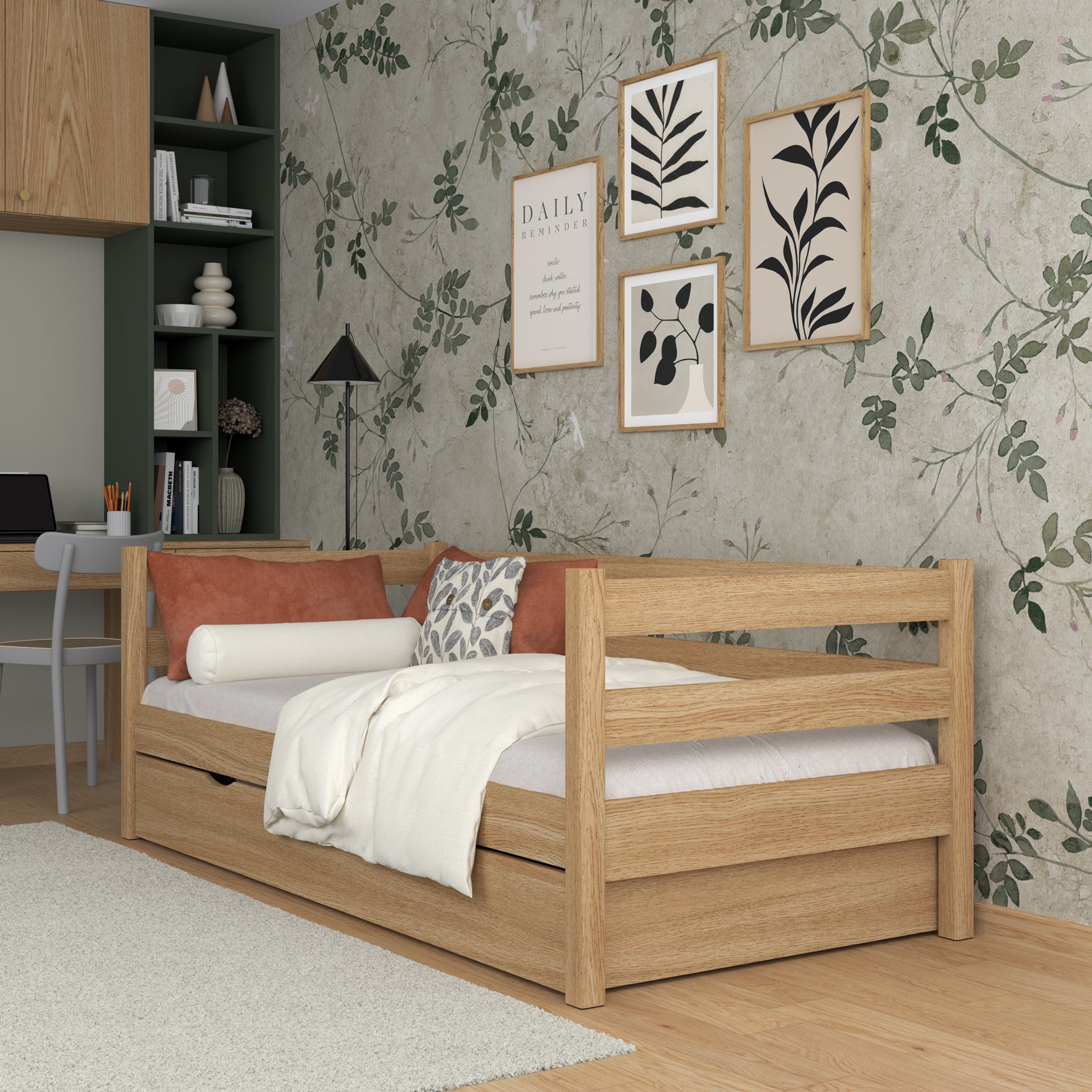 Sofa bed natural oak – oak side barrier, side view, Nizio